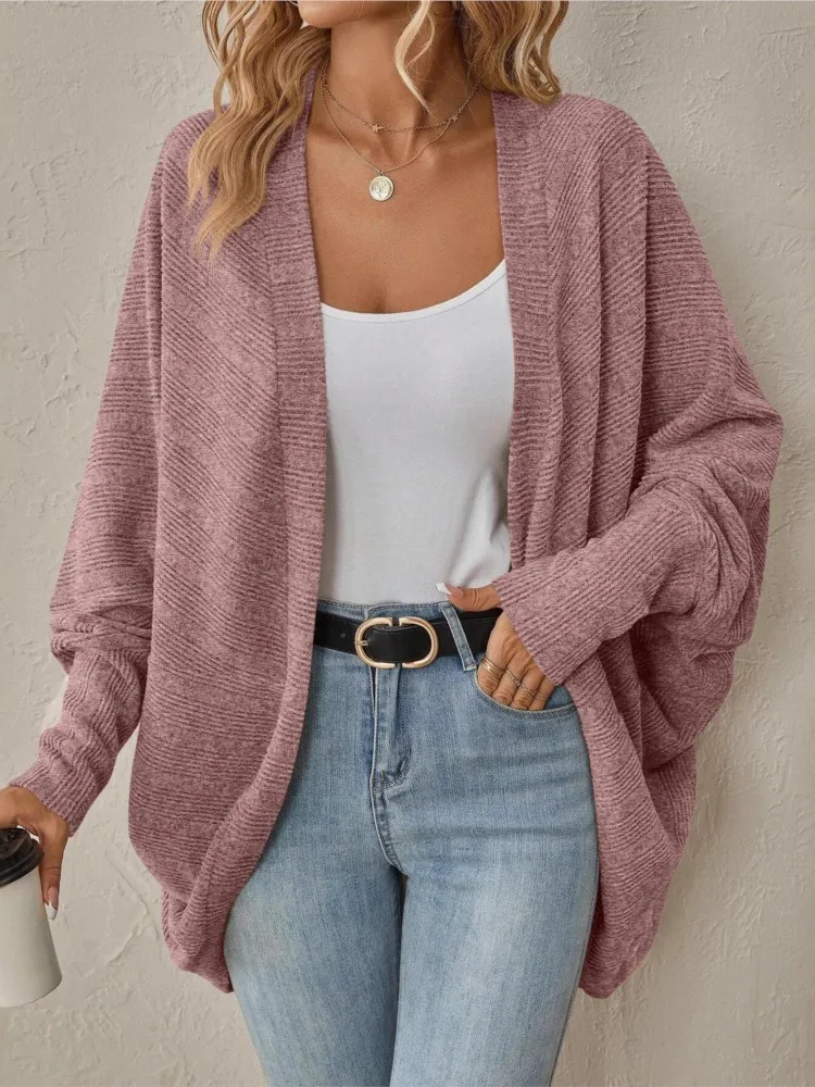 Cardigan Mid To Long Length Long Sleeved Knitted Sweater Bat Sleeve Knitted Cardigan Women's Autumn Winter New Item Solid Color