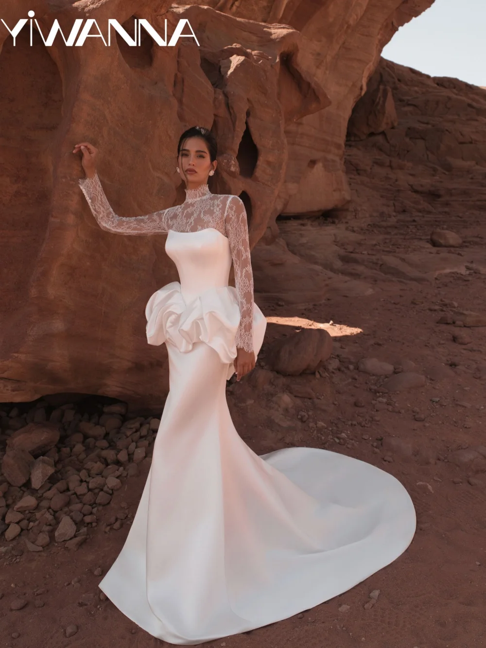 

Ruffled Satin Mermaid Long Wedding Dress Detachable Lace Sleeve Bridal Gown Customized Dreamy High Collar Dresses For Bride