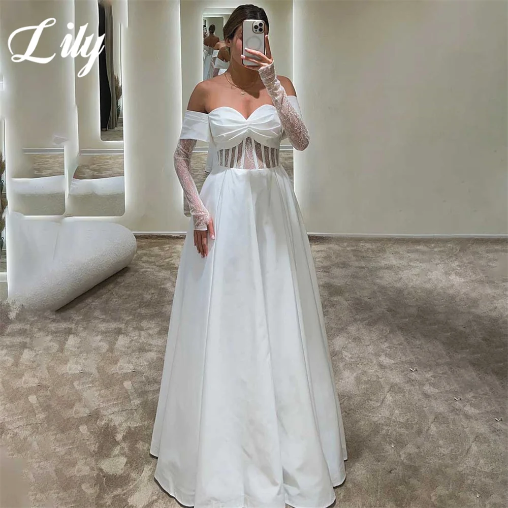 

Lily White A-Line Sexy Prom Dresses Off The Shoulder Pleat Celebrity Dresses Sweetheart Regular Sleeve Evening Dress Gown 프롬 드레스