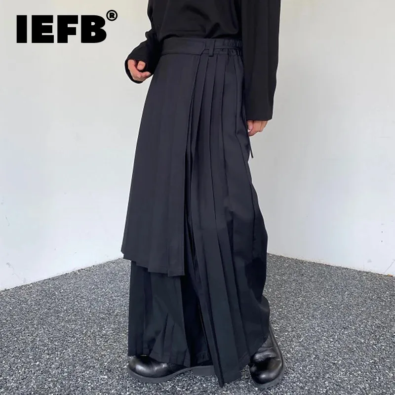 IEFB Dark Style Wide-leg Pants Pleated Men Skirt Pants Personalized Detachable Hemline 2024 Autumn Culottes Women 9C4159