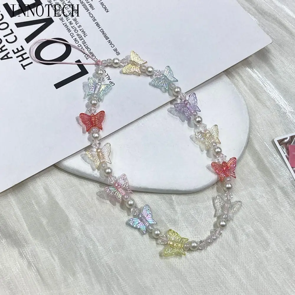 

Butterfly Beaded Butterfly Cellphone Lanyard Y2K Anti-lost Candy Colors Cellphone Keychain Crystal Clear Cute