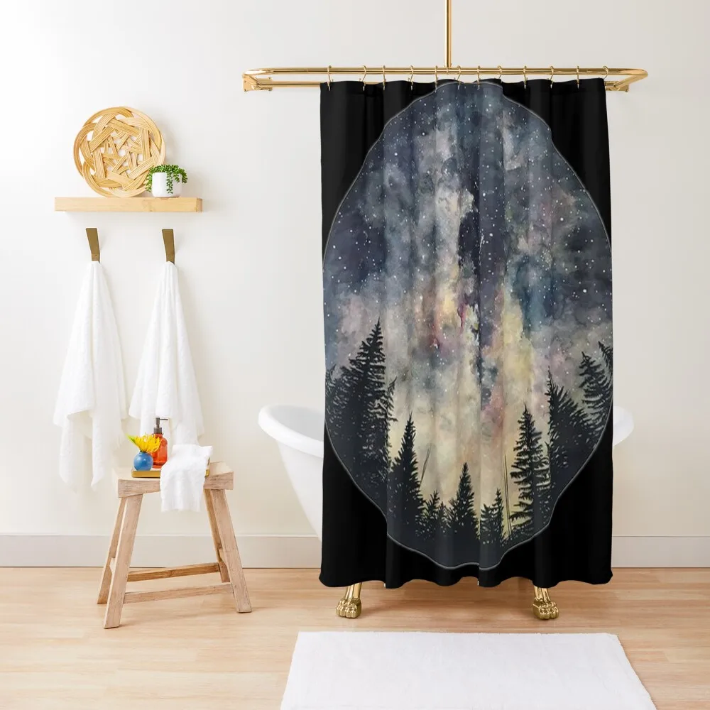 Watercolor Forest Galaxy / Circle / Night Sky / Galaxy Stars Sticker Shower Curtain Shower Set Anime Bathroom Curtain