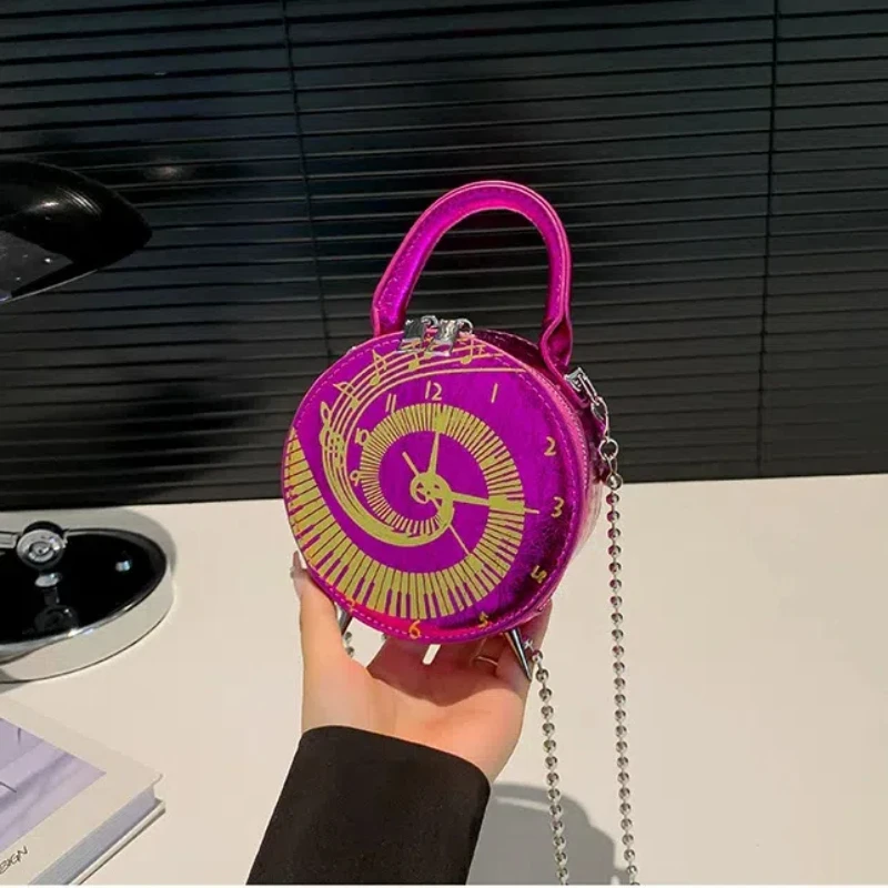 Bolsos con estampado de reloj para mujer, bolso de hombro bonito de dibujos animados a la moda, bolso redondo pequeño de fiesta con cadena de alta calidad de lujo para mujer 2024