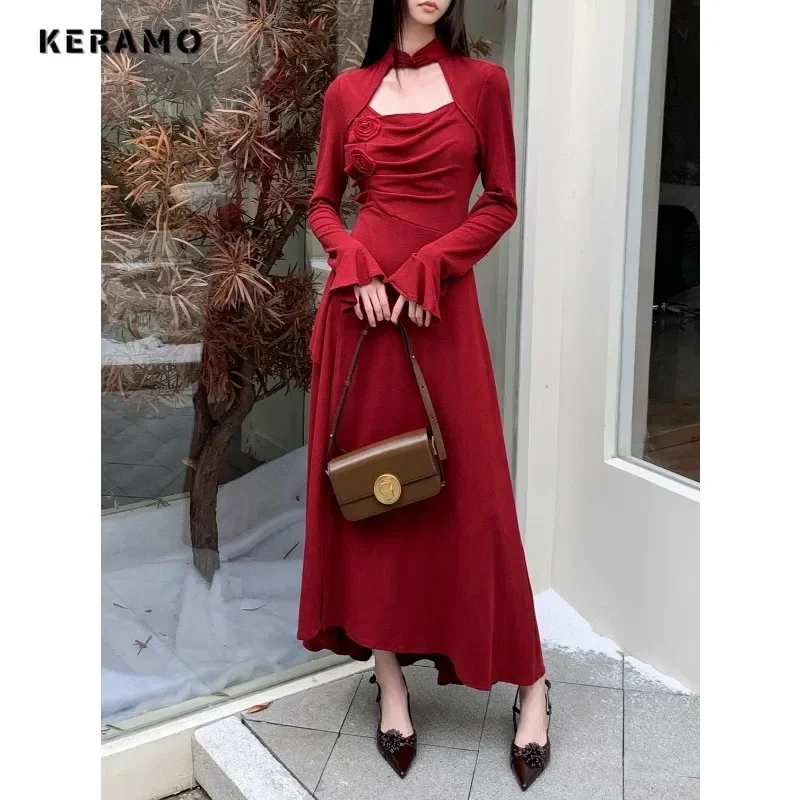 Vintage seksowne z długim rękawem kwiatowe aplikacje Slim Fit sukienki Midi 2023 wiosna damski elegancki kwadratowy kołnierzyk czerwona sukienka trapezowa