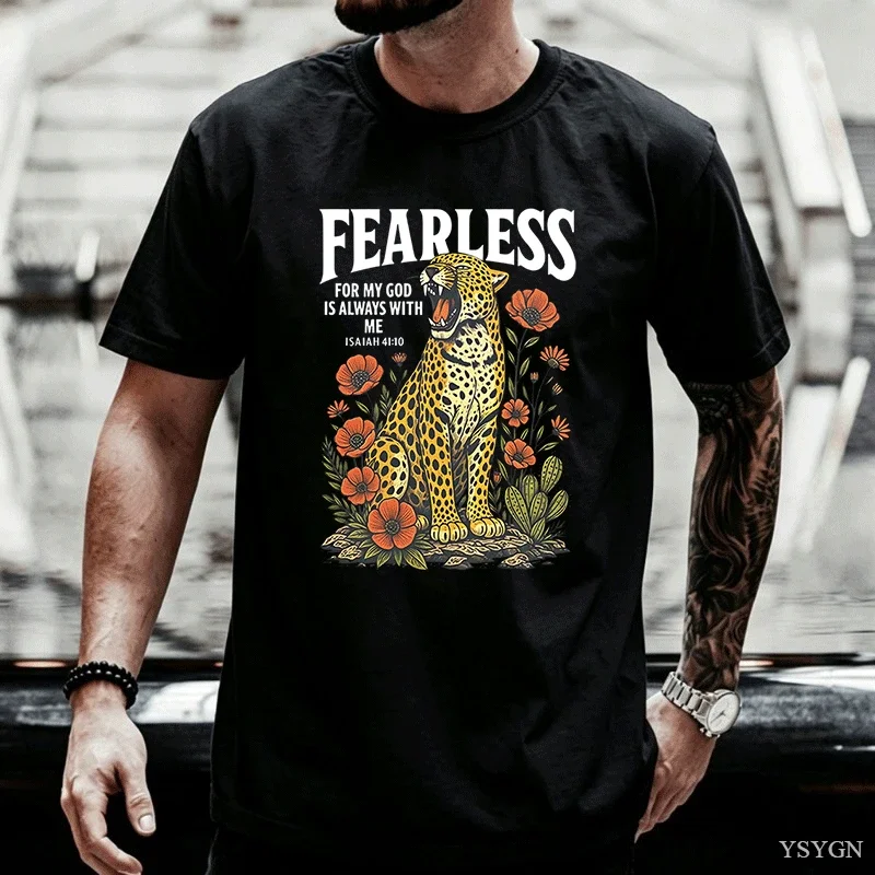 Fearless Leopard Graphic T Shirts Man Fearless for My God Is Always with Me T-Shirt Bible Verse Floral Religious Tee Shirt Tops