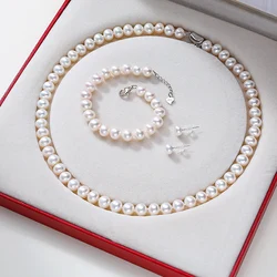 Natural Freshwater Button Pearl Necklace Bracelet Earring Jewelry Set 4A High Luster Flawless S925 Silver Clasp For Women Gift