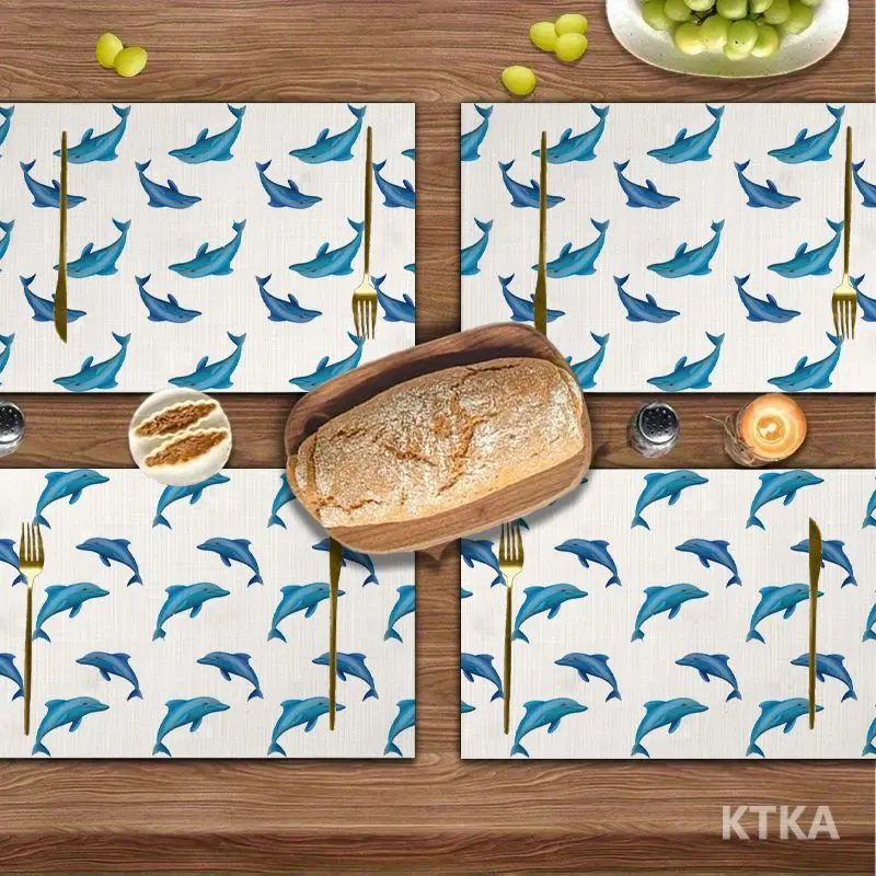 4Pcs, Hand-Painted Dolphin Placemats, the Best Placemats, Washable, Suitable for Holiday Parties, Home Decor, Kitchen Countertops, Rectangular Dining Rooms, to Make Your Dining Room and Kitchen More Beautiful, Birthday Gifts and Housewarming Party Gifts for Family and Friends