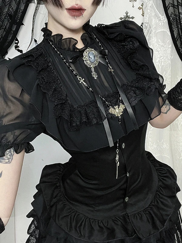 Gothic Style Casual Black Lace Short Sleeves Single-breasted Shirt Set Japanese Hot Girl Y2K Subculture Puffy Short Skirt Female