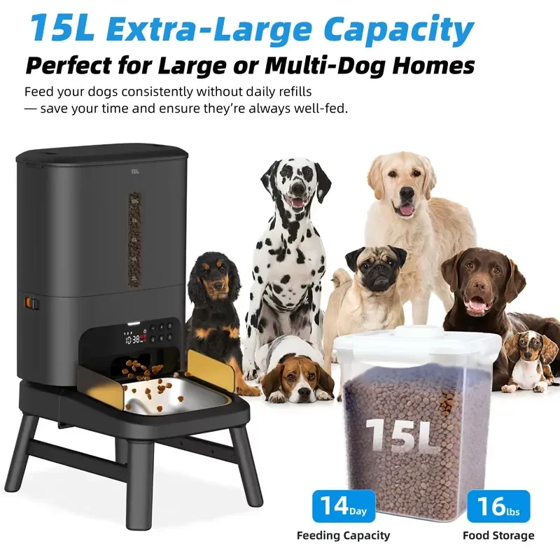 OEM 15L Automatic Dog Feeder With Timer LCD Display Raised Dog Food Dispenser Visible Window Elevate Pet Feeder for Large Dog