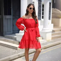 Women's Elegant Dresses 2024 Summer Sexy Off Shoulder Solid Long Sleeve Tunic Dress Women's Casual Jacquard Midi Dress Vestidos