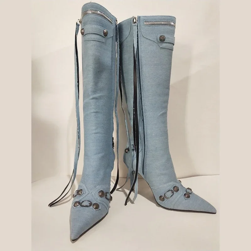 New 2024 Brand Design Knee High Boots Fashion Rivet Pointed Thin Heel Women\'s Boots 34-43 Fashion Hot Girls Denim Model Boots