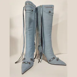 New 2024 Brand Design Knee High Boots Fashion Rivet Pointed Thin Heel Women's Boots 34-43 Fashion Hot Girls Denim Model Boots