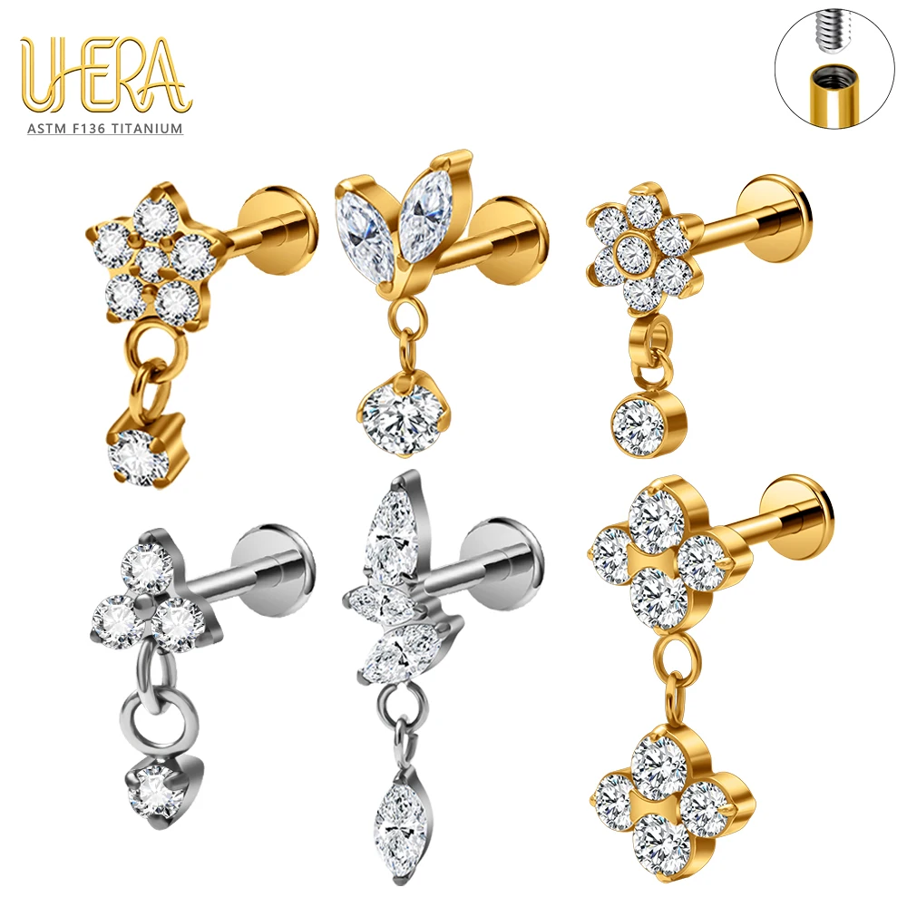 G23 ASTM F136 Titanium Internally Thread Labret Stud CZ Flower Leaf Zircon Tragus Helix Cartilage Ear Lip Body Piercing Jewelry