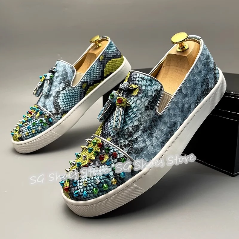 

Fashion Rivet Mixed Color Male Casual Sneakers Snakeskin Pattern Chunky Bottom Shallow Slip-On Loafers Men's Driving Shoes