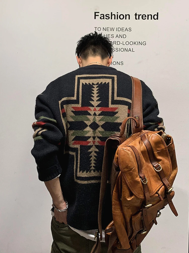 

Мужской осенне-зимний новый свитер свободного кроя в американском ретро-стиле с геометрическим узором, повседневный, длинный рукав, в стиле «ленивый шик»