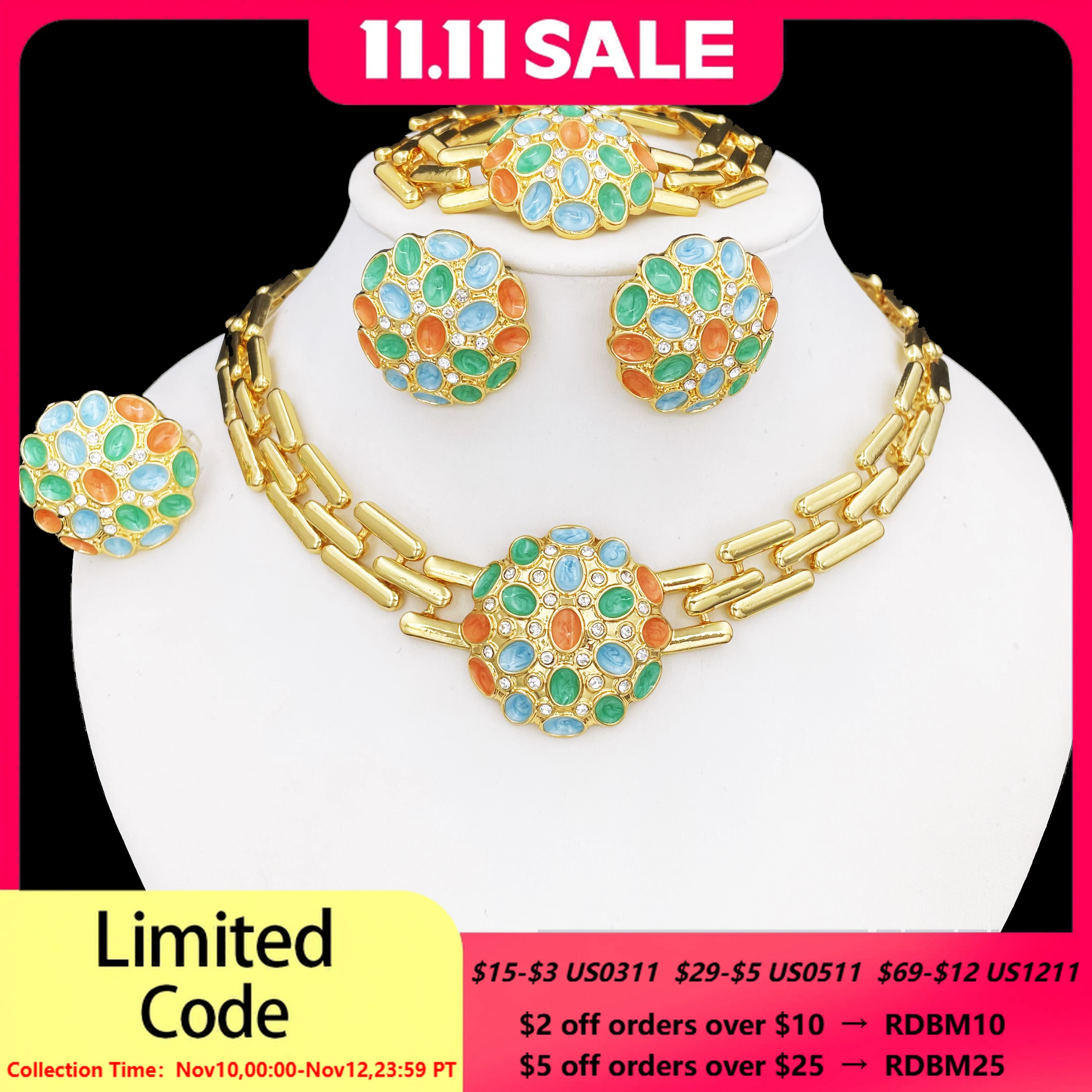 

Women Jewelry Set Colorful Classic Design 18K Gold Plated Necklace Earrings Bracelet Ring 4PCS Set Jewelry Wedding Party Gift