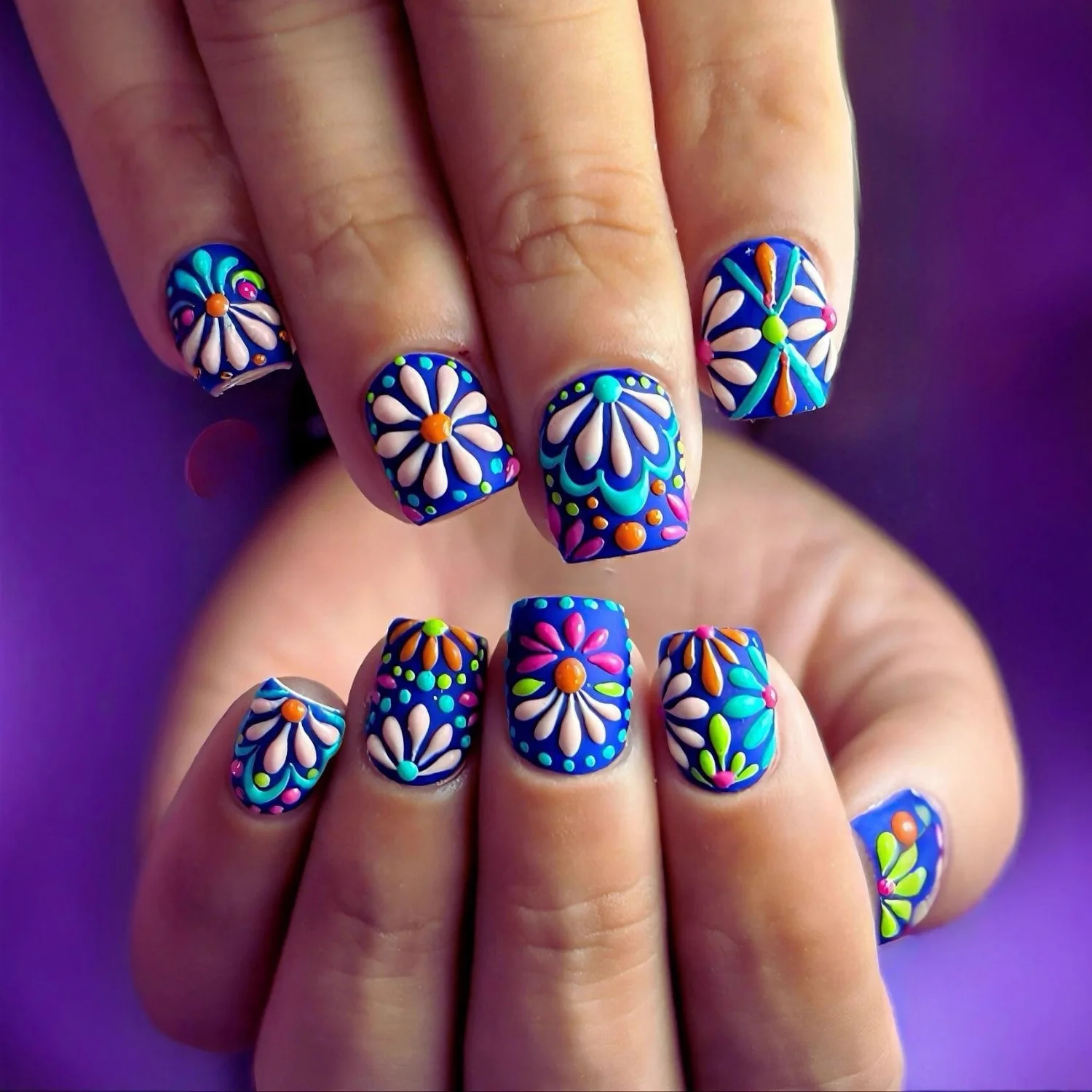 

Blue cute sweet short European square oil painting style gentle flower fashion white fake nail finished wear armor