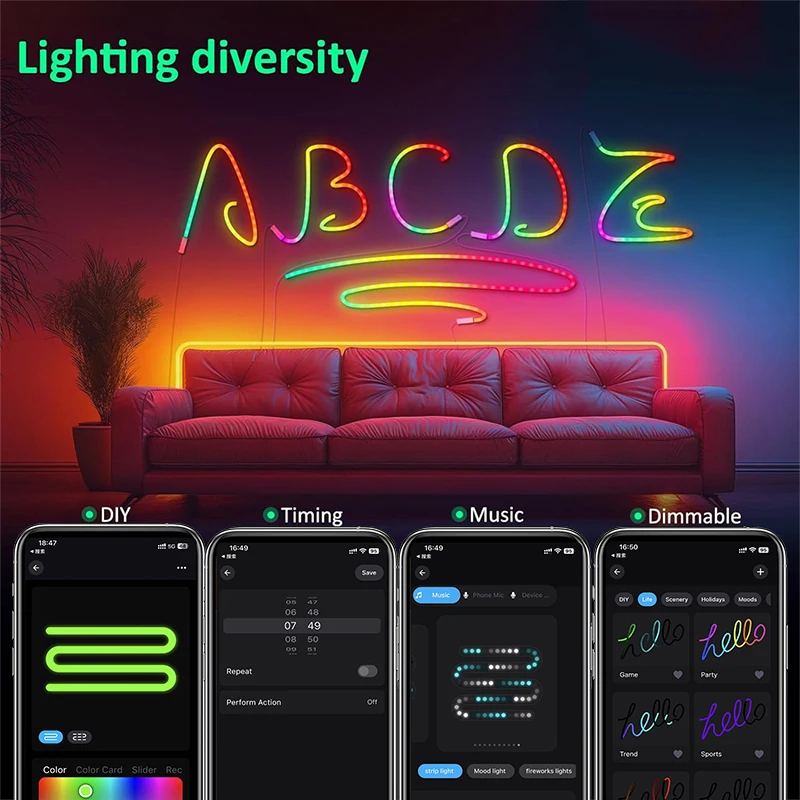 Smart Dreamcolor RGBIC Neon LED Rope Lights, Flexible Ambient Gaming Lights for Bedroom Indoor Atmosphere Decoration