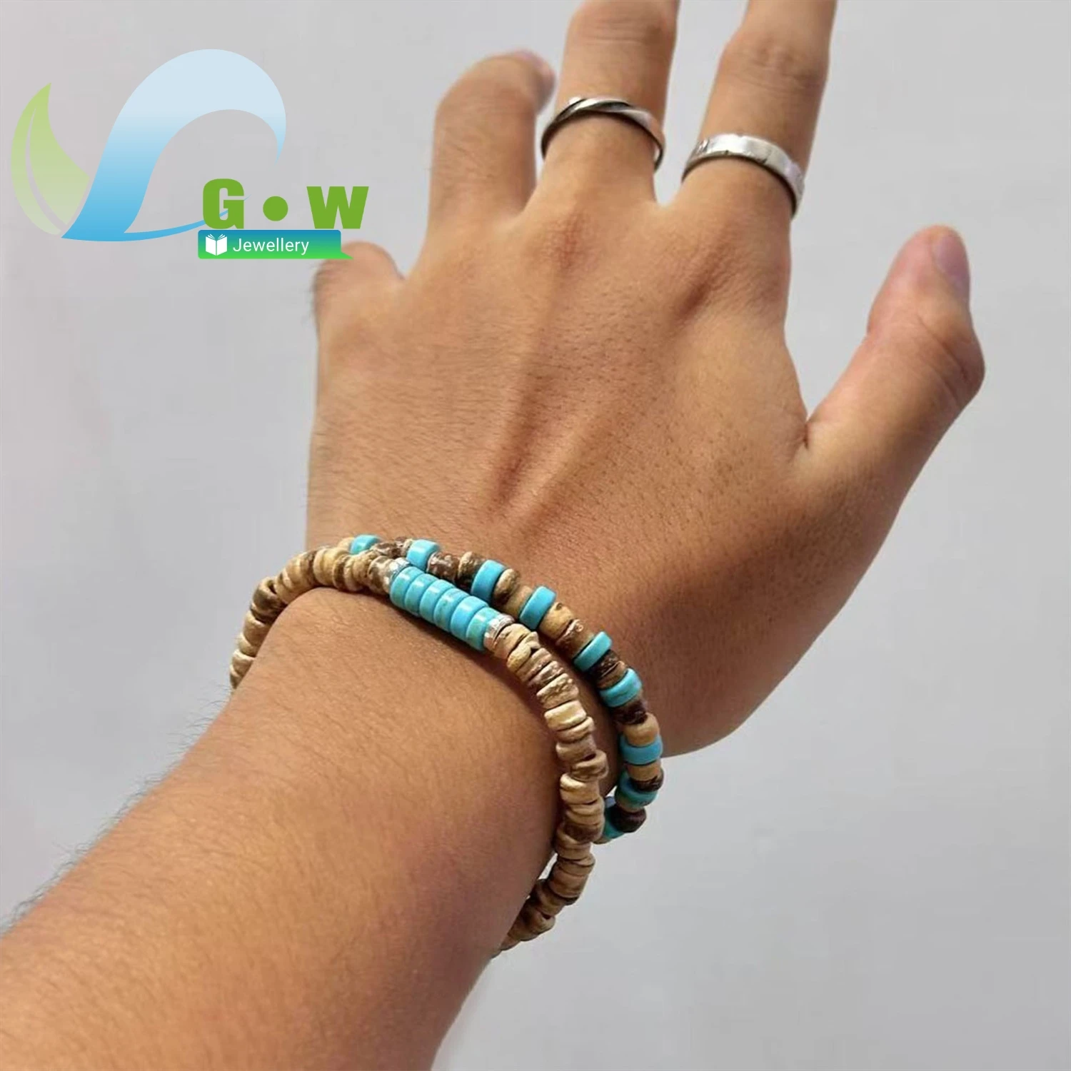 

Новый многослойный браслет из кокосовой скорлупы и дерева в европейском винтажном стиле, мужской, с бирюзовыми деревянными бусинами, комплект из 2 штук, оптом