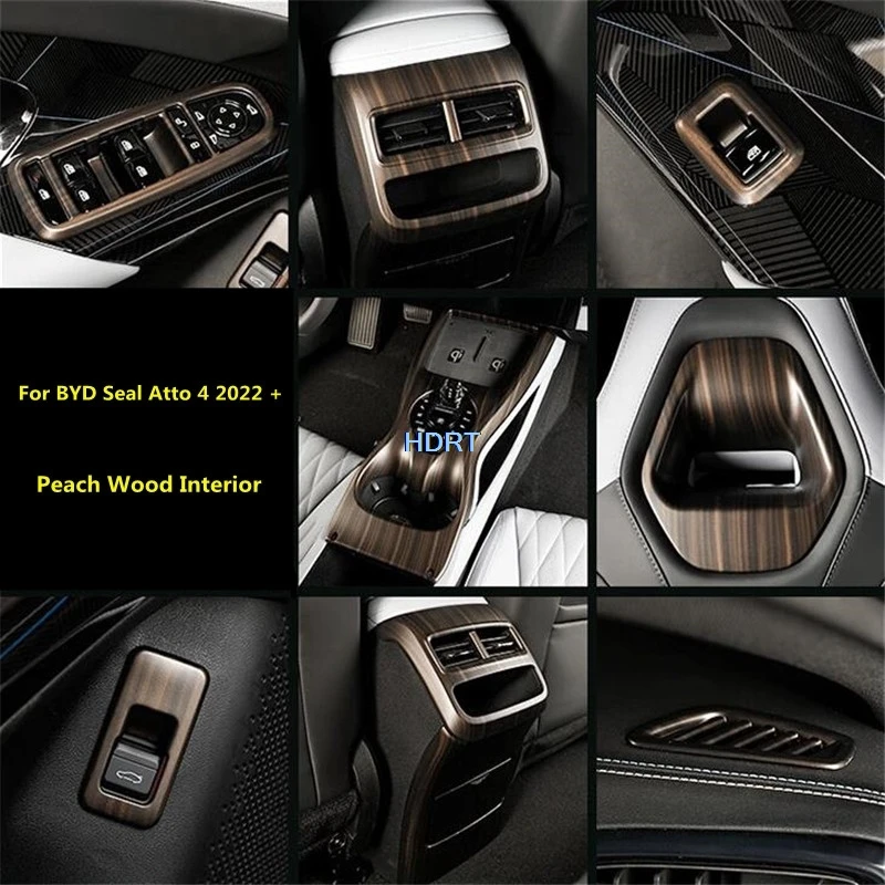 Car Styling Interior Peach Wood Gear Shift Window Control Panel Air Vent Outlet Steering Wheel Trim For BYD Seal Atto 4 2022 +