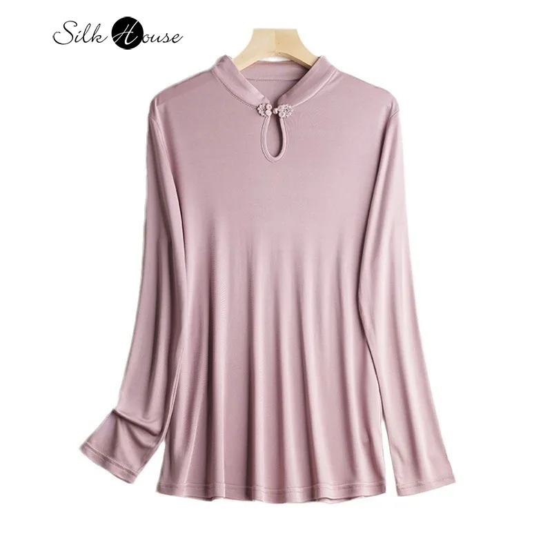 

23% Natural Mulberry Silk Long Sleeved Cheongsam Collar Solid Color Temperament Versatile Women's Interior Bottoming Shirt