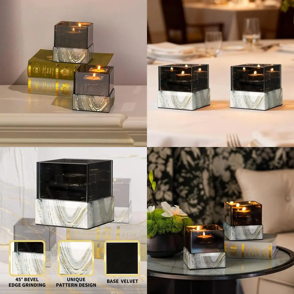 

White Marble Square Glass Candle Holder for Tealight and Votive Candles - Ideal Table Centerpiece for Home, Dining, Kitchen, and