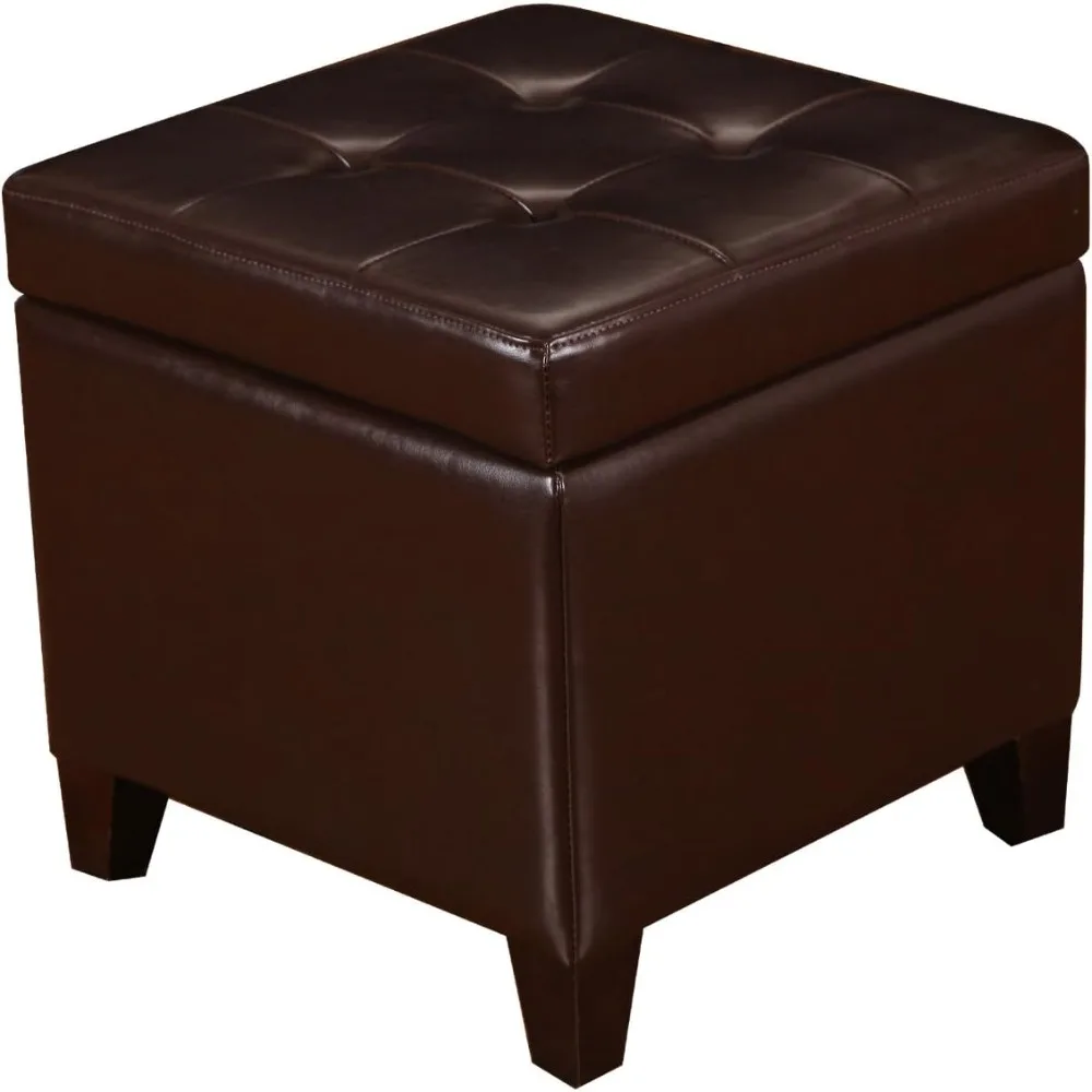 

Tufted Leather Square Storage Ottoman, Lift Top Cube Footstool with Hinged Lid Footrest with Wood Legs (Brown)