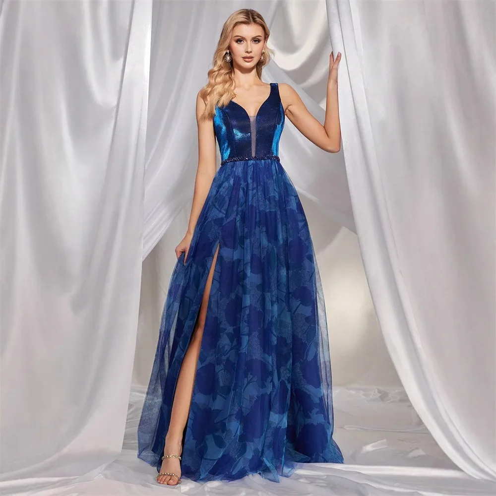 Suknia wieczorowa z głębokim dekoltem w serek, kwiatowym wzorem, zdobiona diamentami, z wysokim rozcięciem, dla druhny, damska, jedwabna, okrągły dekolt.