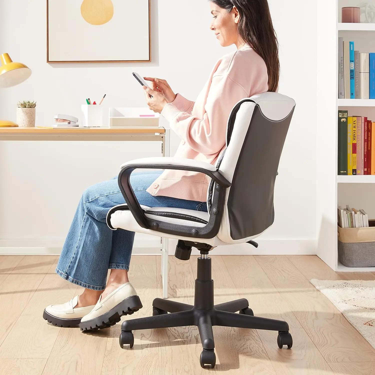 Office Computer Task Desk Chair with Padded Armrests, Mid-Back, Adjustable, 360 Swivel, Rolling, White Faux Leather