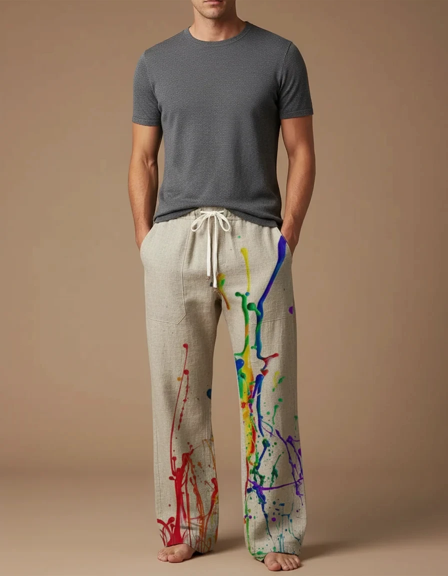 Linen Base Colorful Paint Splash All Over Print Elastic Waist Casual Pants, Silky Drapey Touch Adults and Kids Art Gallery Visit