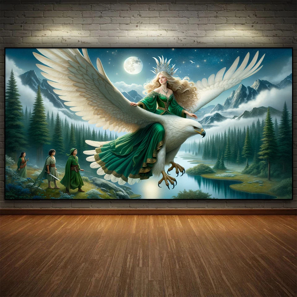 Diy Diamond Painting,Moonlit Eagle Flight Over Mountains,fantasy Woman Fairy dream,Full Diamond Mosaic Large Set Home Decor, ﻿