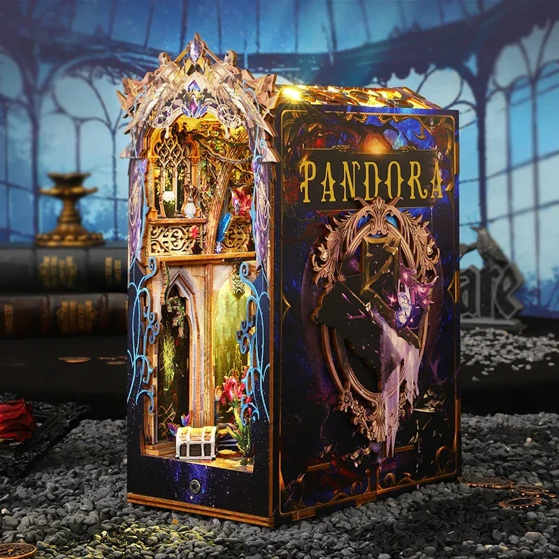 

Pandora's Magic Box Book Nook DIY Wooden Shelf Insert Kits Miniature Bookends Assembled Bookshelf Dollhouse for Friends Gifts