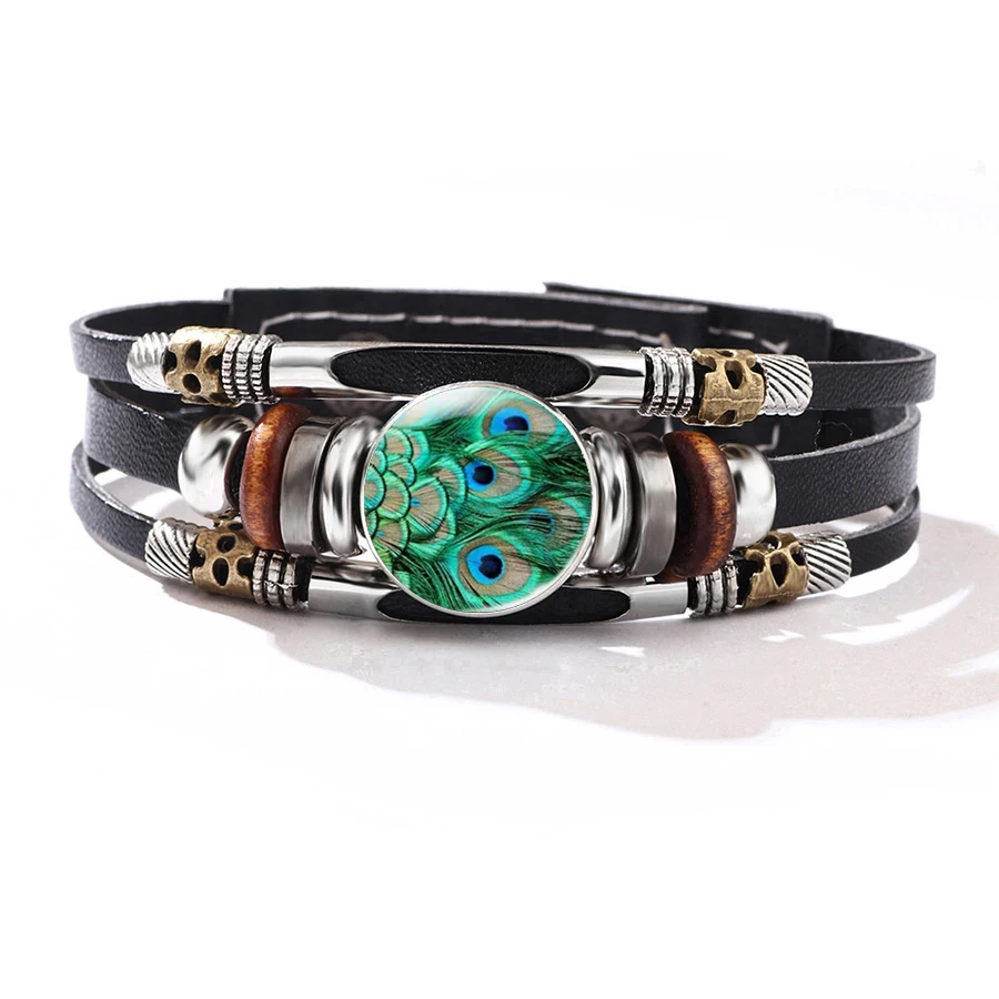 Stunning Peacock Feather Printed Leather Wrist Bracelet, Multi-Layer Beaded Adjustable Design, Nice Daily Gift Choice