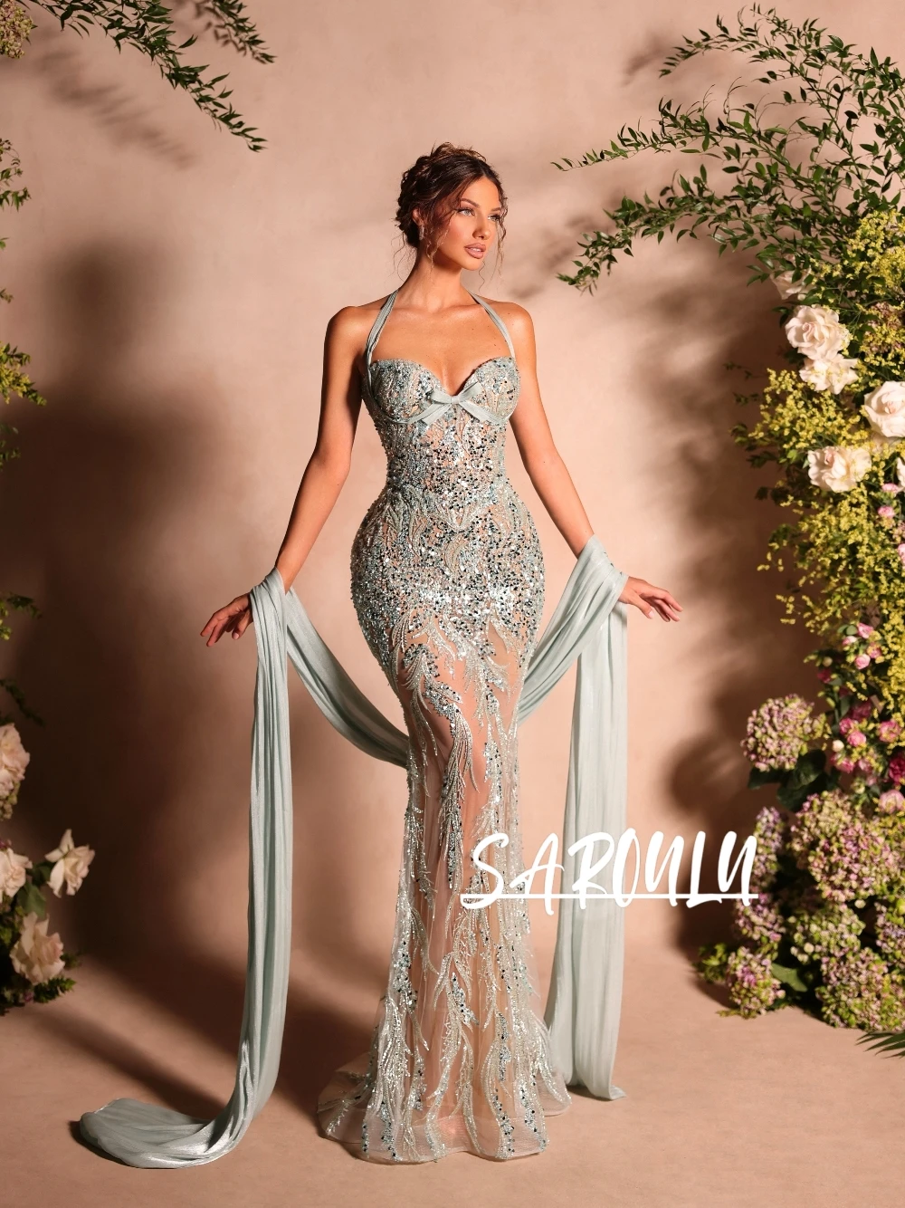 Haute Couture Luxury Beaded Embroidery Halter Evening Dress Mint Green Sexy Glitter Mermaid Prom Cocktail Gown Customized