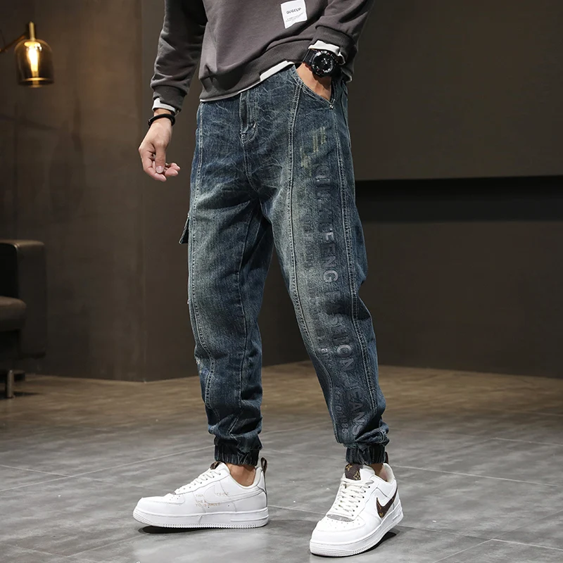 

Streetwear Fashion Ripped Jeans Men Loose Fit Retro Washed Spliced Designer Casual Denim Cargo Pants Printed Hip Hop Joggers Men