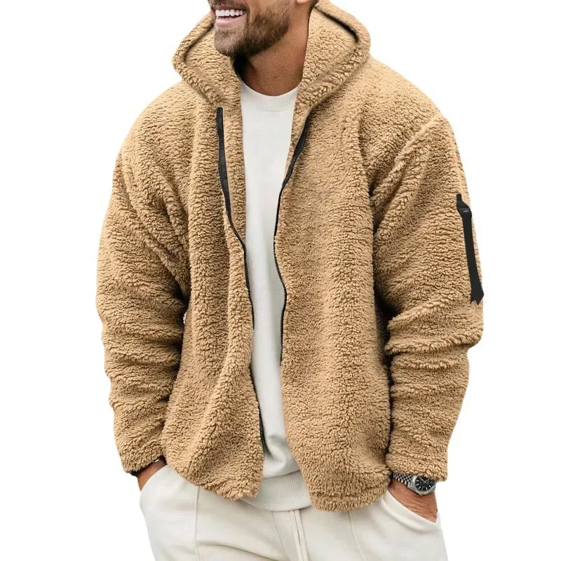 2023 Autumn Winter Casual Loose Fleece Jackets for Men Fluffy Coats Vintage Zipper Hooded Jacket Mens Thick Warm Coat Streetwear