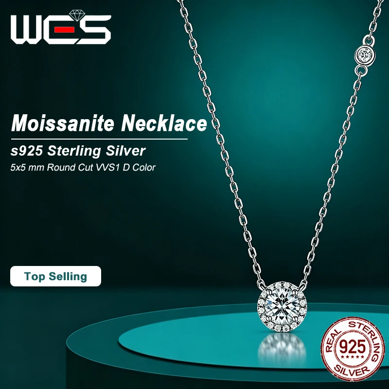 WES 5mm Moissanite Halo Necklace D Color VVS1 925 Sterling Silver Round Cut Adjustable Pendant For Women Fine Jewelry Gift