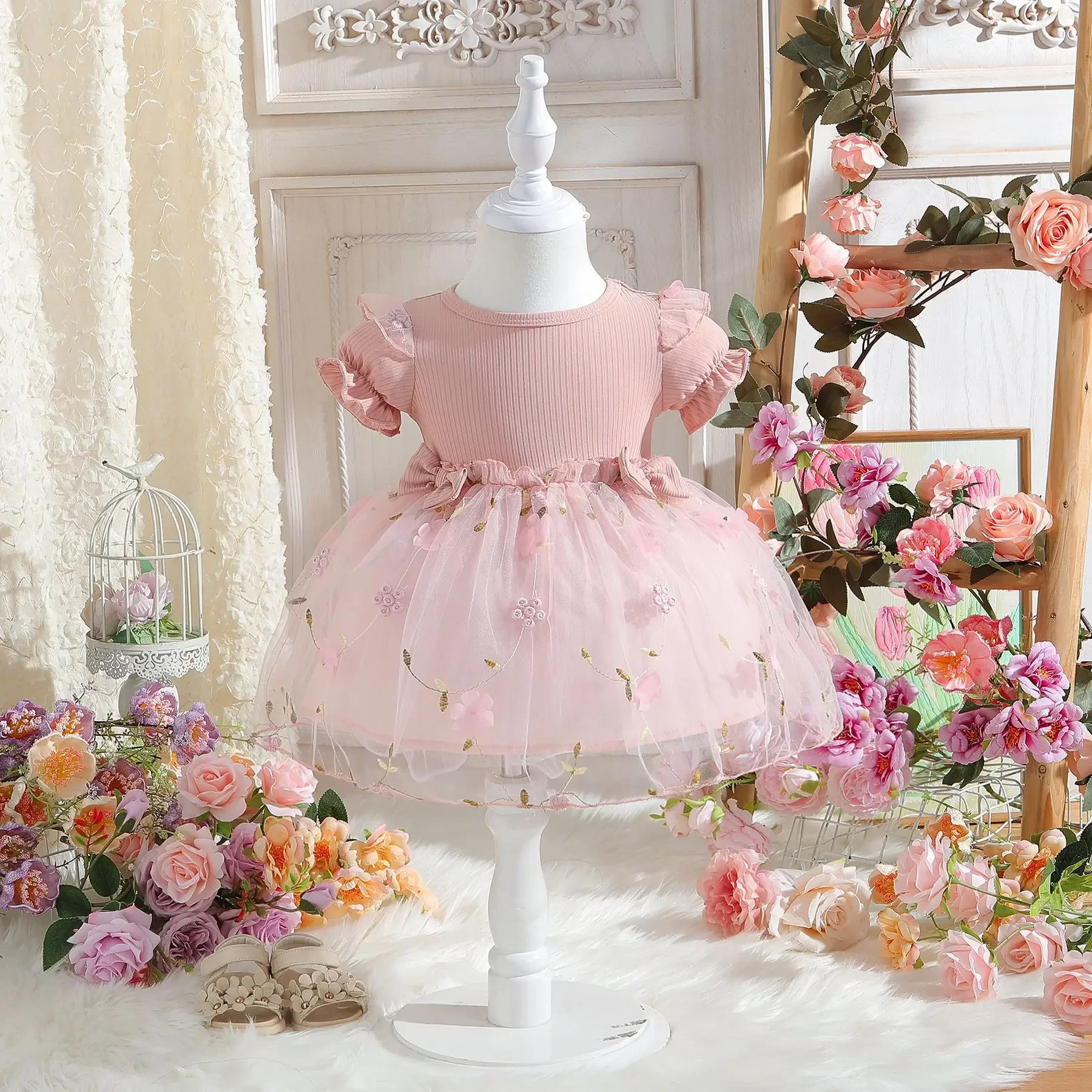 

1-piece summer baby girl princess flower short sleeved patchwork mesh baby girl dress birthday party Holiday gifts girl dress