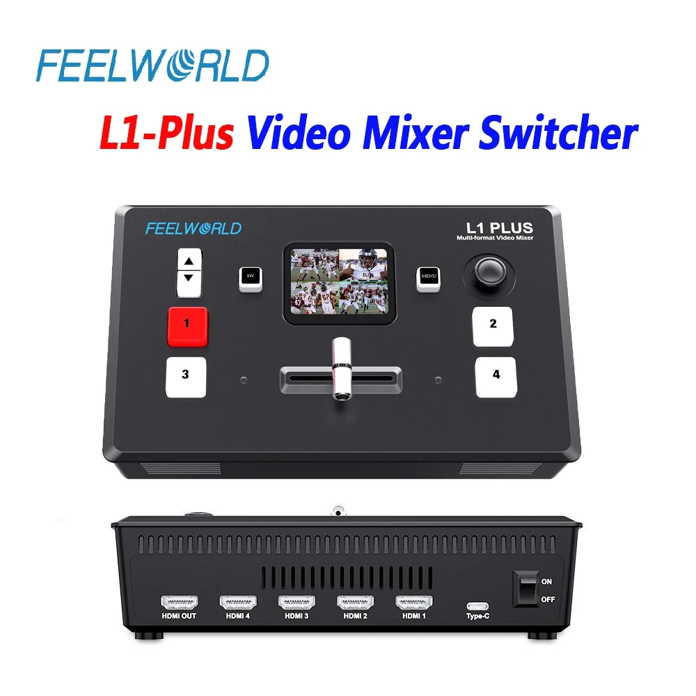 FEELWORLD L1-Plus Multi Format Video Mixer Switcher Touch Screen PTZ Control USB3.0 Fast Streaming 4 Channels 2 Inch LED Display