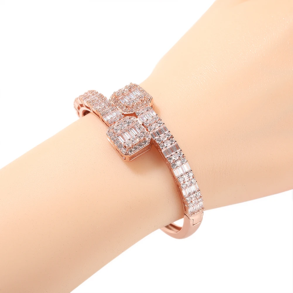 Uwin Full Iced Out Cubic Zirconia Bangle Baguette CZ Bracelets 3 Colors Personalise Fashion Hip Hop Jewelry For Women Gifts