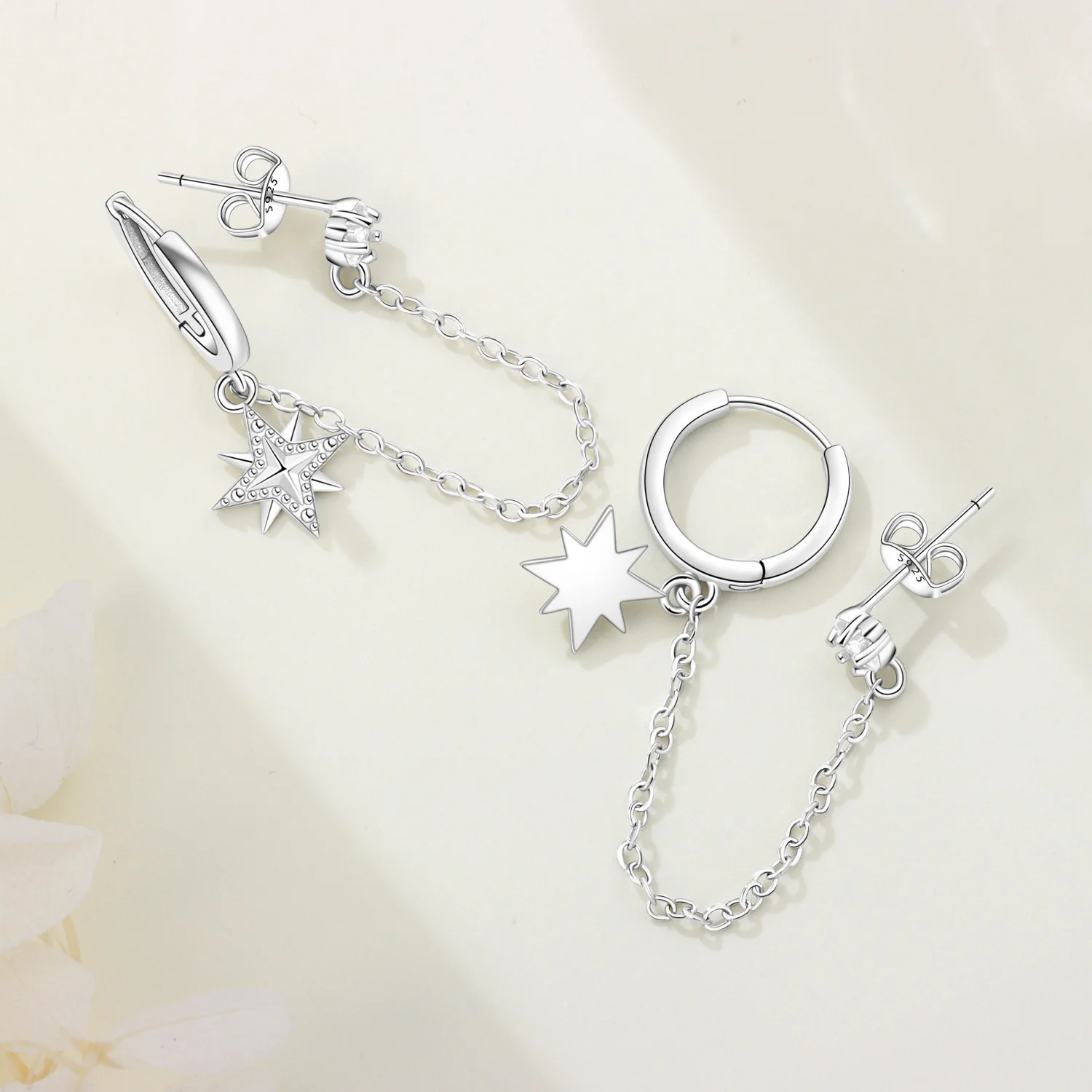 Elegante Doppelkreis-Stern-und-Mond-Ohrringe aus Echtem 925 Sterling Silber, Edle Schmuckstücke für Frauen und Mädchen, Geburtstags- und Feiertagsgeschenke – Detail 13