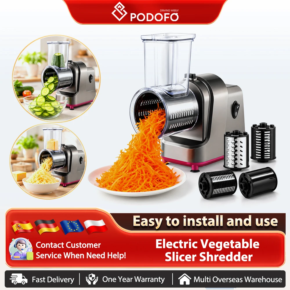 Podofo Electric Cheese Grater, Salad Maker With 5 Different Shapes of Blades, 250W Electric Slicer Shredder, Grater Carrot Cabbage Cutter Electric Salad Machine for Cheeses, Fruits, Vegetables