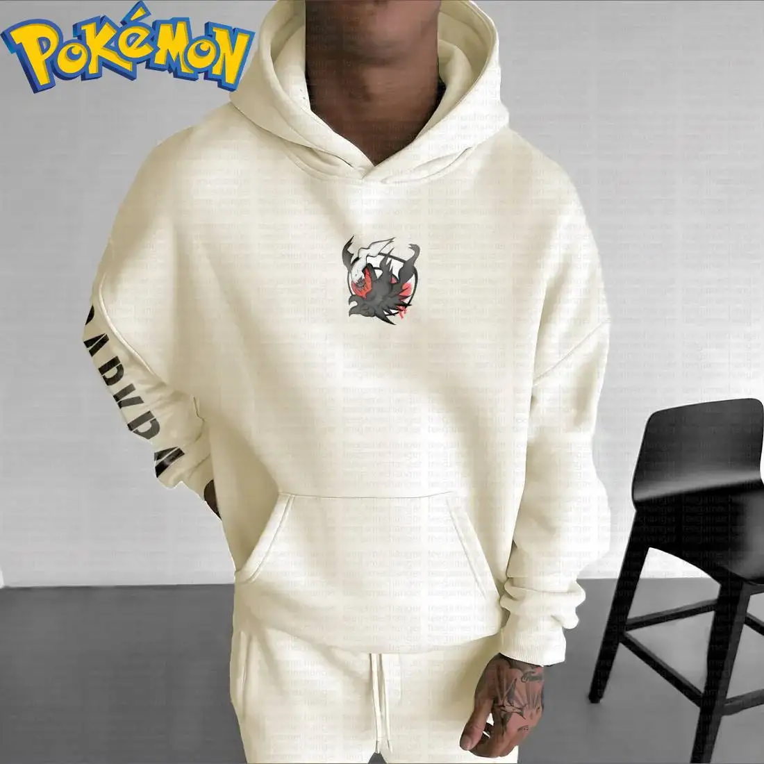 Beige Cotton Pokemon Hoodie Set with Darkrai Character Back Print Red Black Color and Sleeve Text Design Long Sleeve Outfit