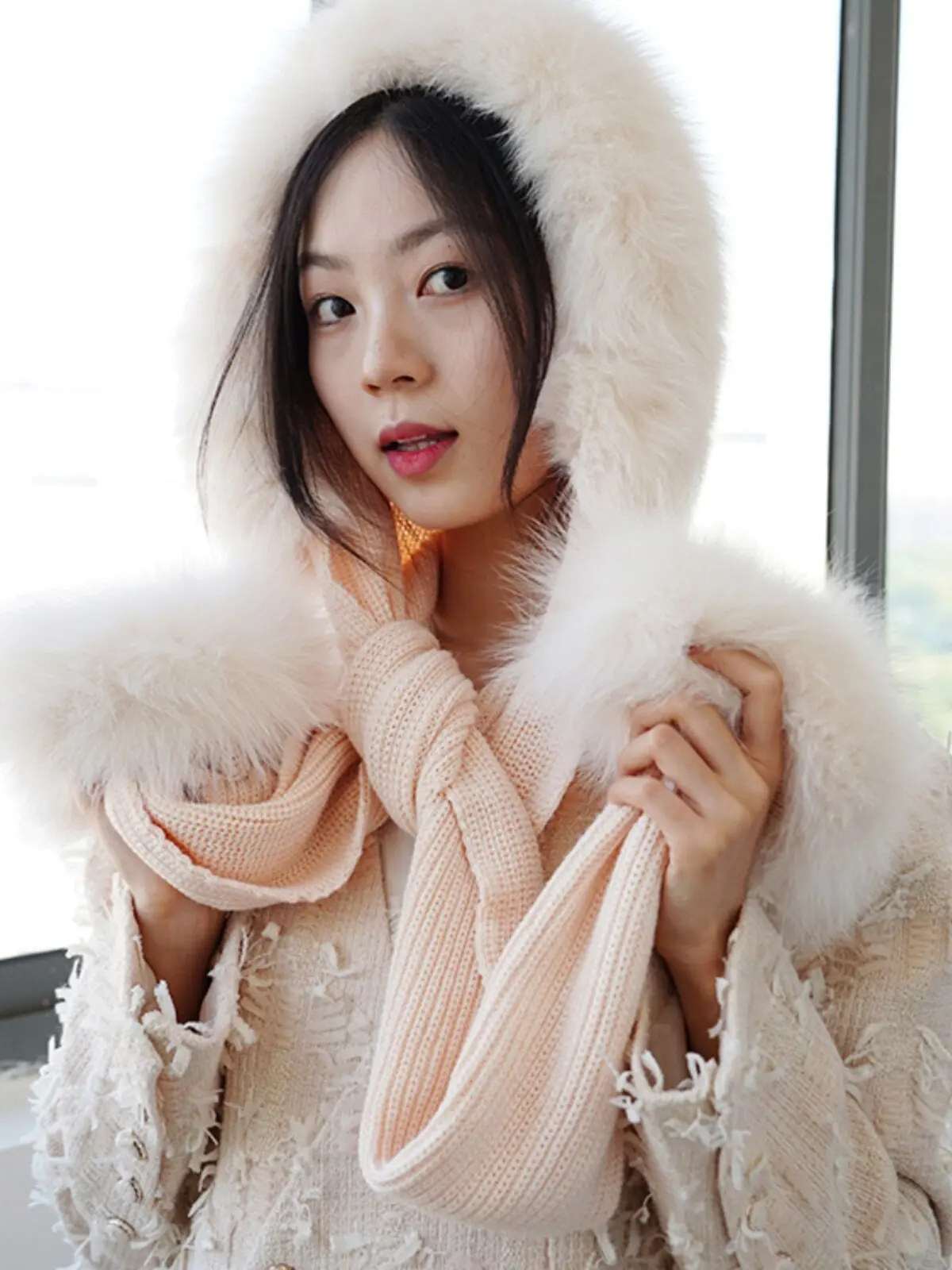 

Вязаная накидка из натурального лисьего меха, осенне-зимняя корейская верхняя одежда, шарф-капюшон 2-в-1, теплый воротник-снуд, аксессуар для плеч