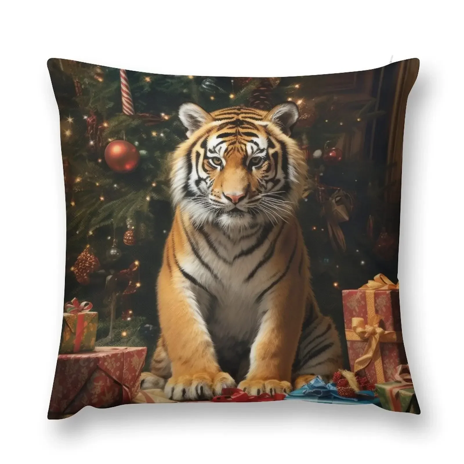 

Tiger with Christmas Presents and Tree Throw Pillow Cushions For Decorative Sofa Pillow Cases pillow
