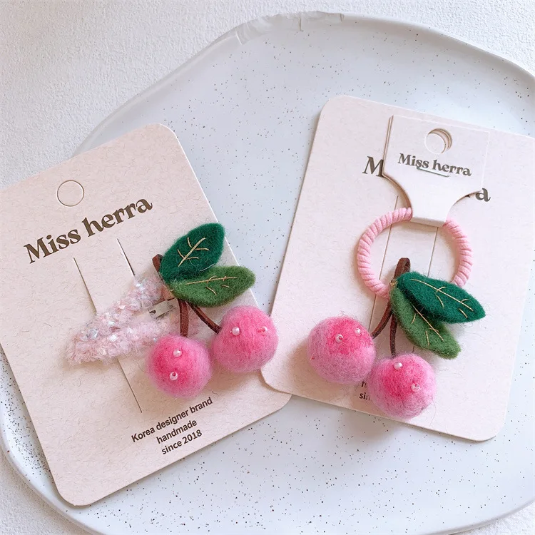 Kids Pink Wool Felt Fruit Cherry Hair Clips Hair Ties Cute Little Girls Bangs BB Clips Ponytail Holders Sweet Hair Accessories