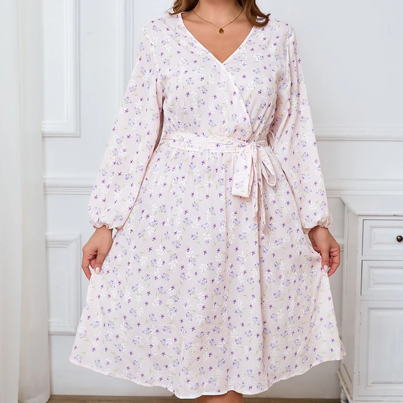 Tilaa فساتين مقاس كبير 2025 الخريف الكورية الوردي شيك طباعة فانوس كم الخامس الرقبة الخصر النحيف جزء أنيق فستان النساء الملابس