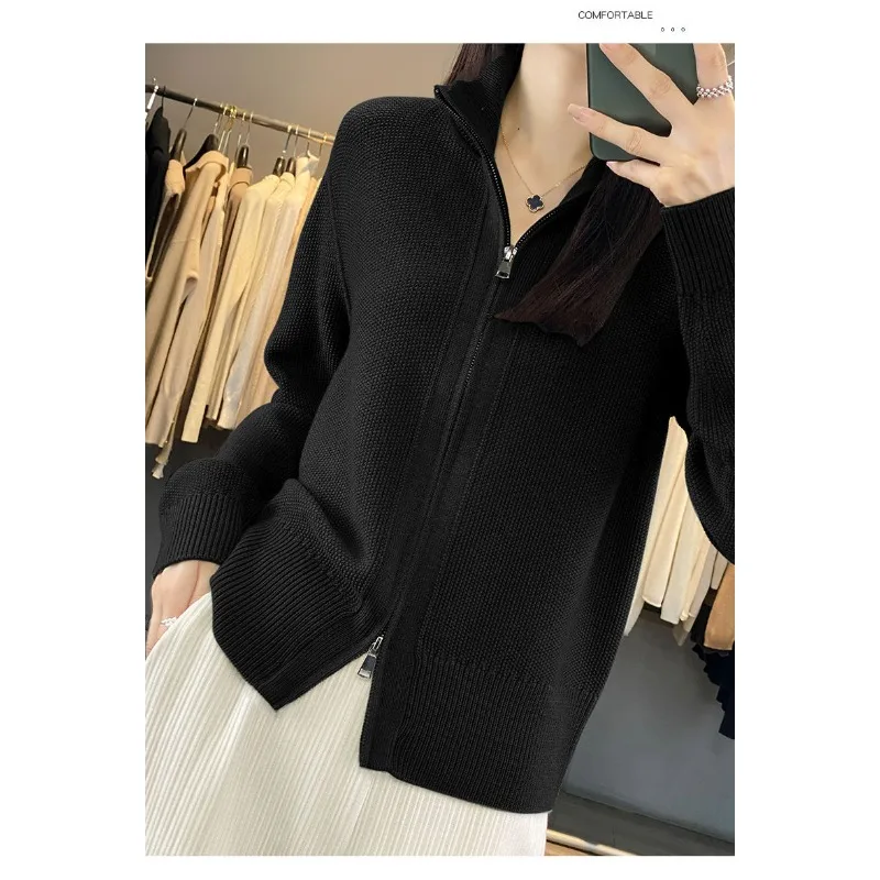 Mode casual opstaande kraag jas voor dames 2025, nieuwe gebreide vest met dubbele rits, trui, trui top