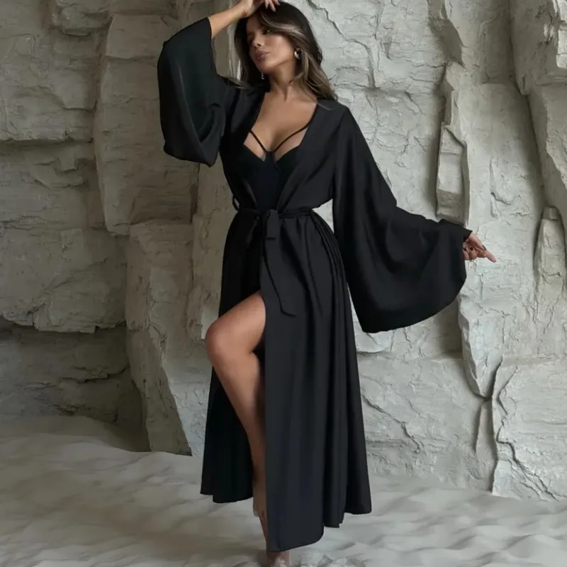 

Premium Satin Pajamas Set for Women Horn Sleeves Cardigan Strap Bathrobe Comfortable Loose Sexy Loungewear XXXL Robe underwear