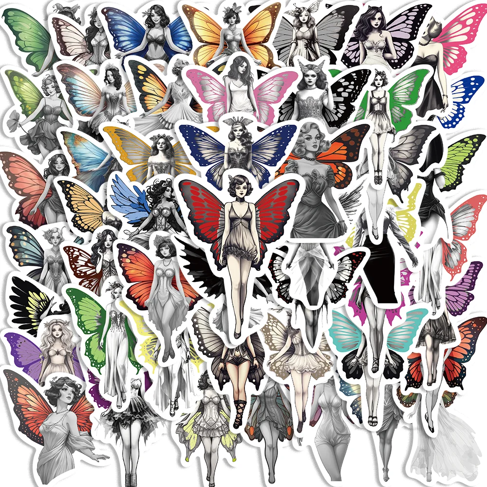 

50pcs Cartoon Colorful Butterfly Girl Stickers for Envelope Computer Diary Guitar Scrapbook Art Aesthetic Waterproof DIY Decal